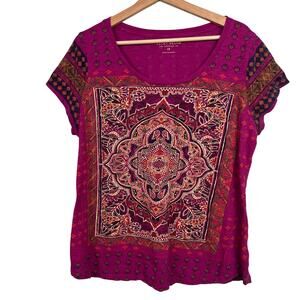 Lucky Brand Women's Size 1X Purple Persian Carpet Graphic Tee Boho Short Sleeves